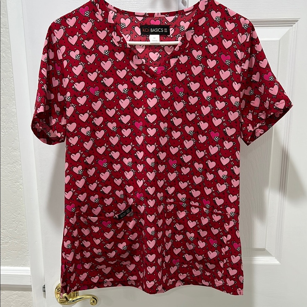 Koi Basics Red Heart Print Scub Top